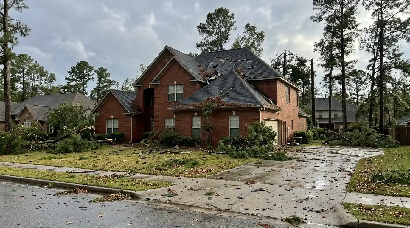 Storm debris, broken pine branches and torn shingles on the roof of a brick two-story home in Little Rock under clearing gray skies