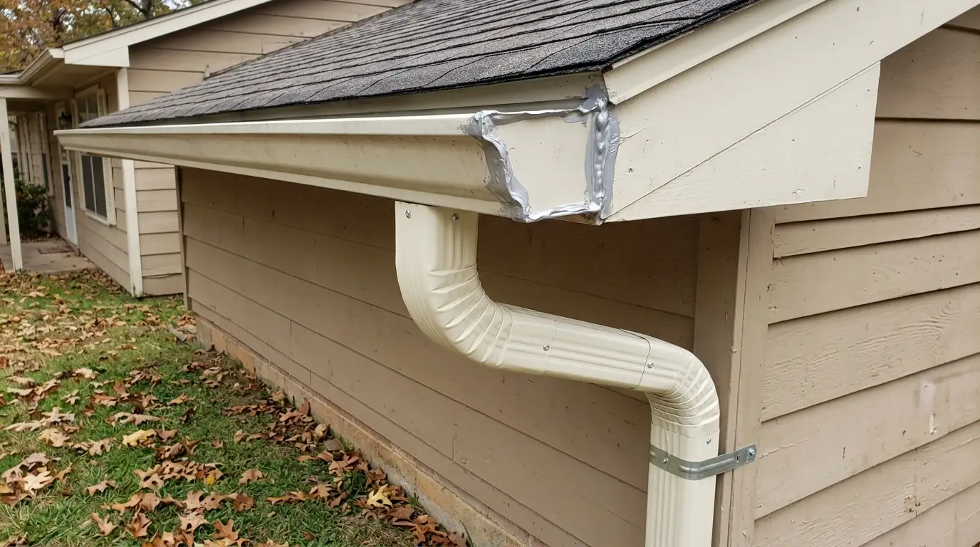 Close view of a resealed gutter corner and new downspout elbow on a tan ranch house in central Arkansas, oak leaves on lawn