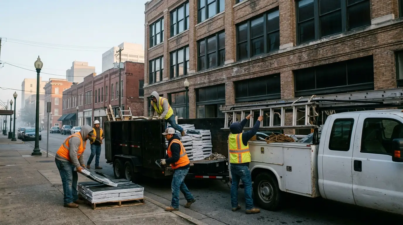 Roofing crew loading a trailer with shingle bundles and ladders outside a downtown Little Rock building early in the morning