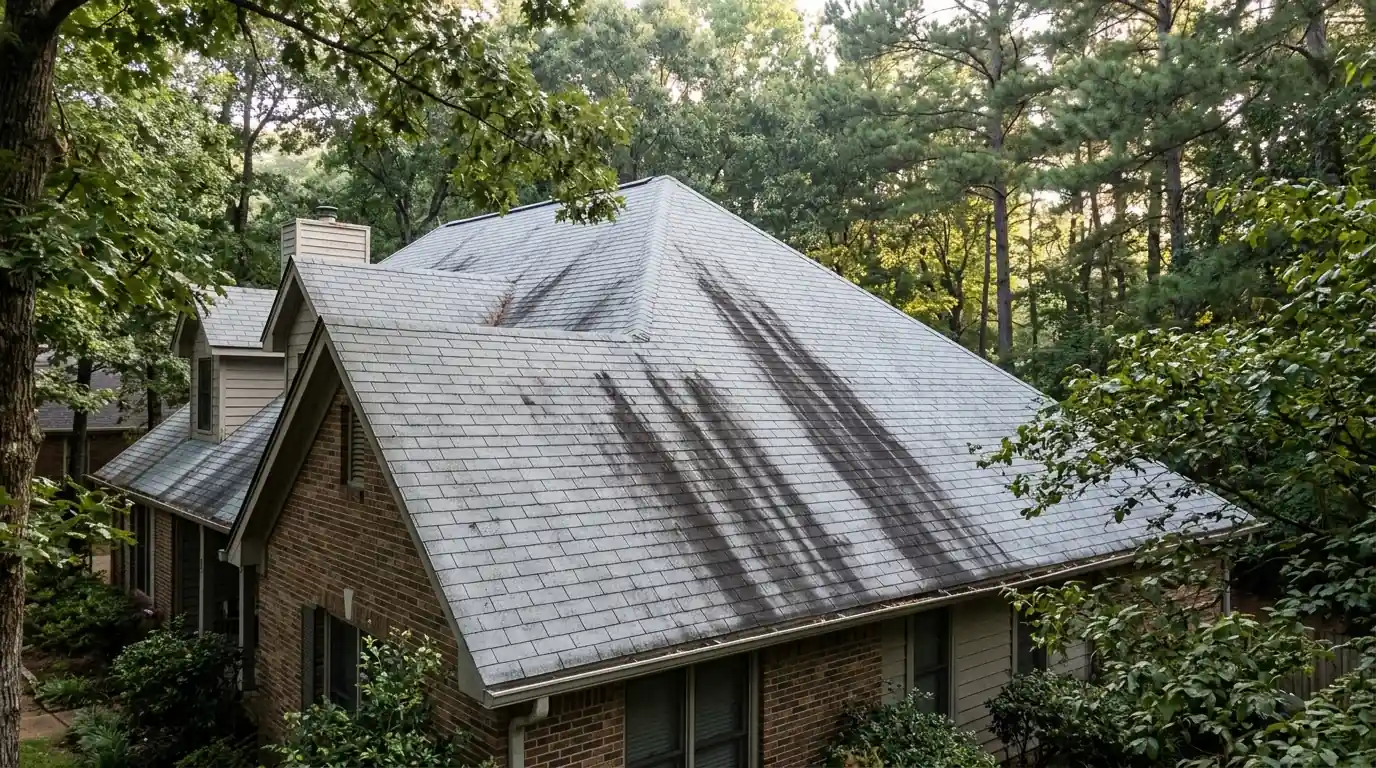 Black algae streaks running down the north slope of a light gray shingle roof on a wooded Little Rock home, soft morning light