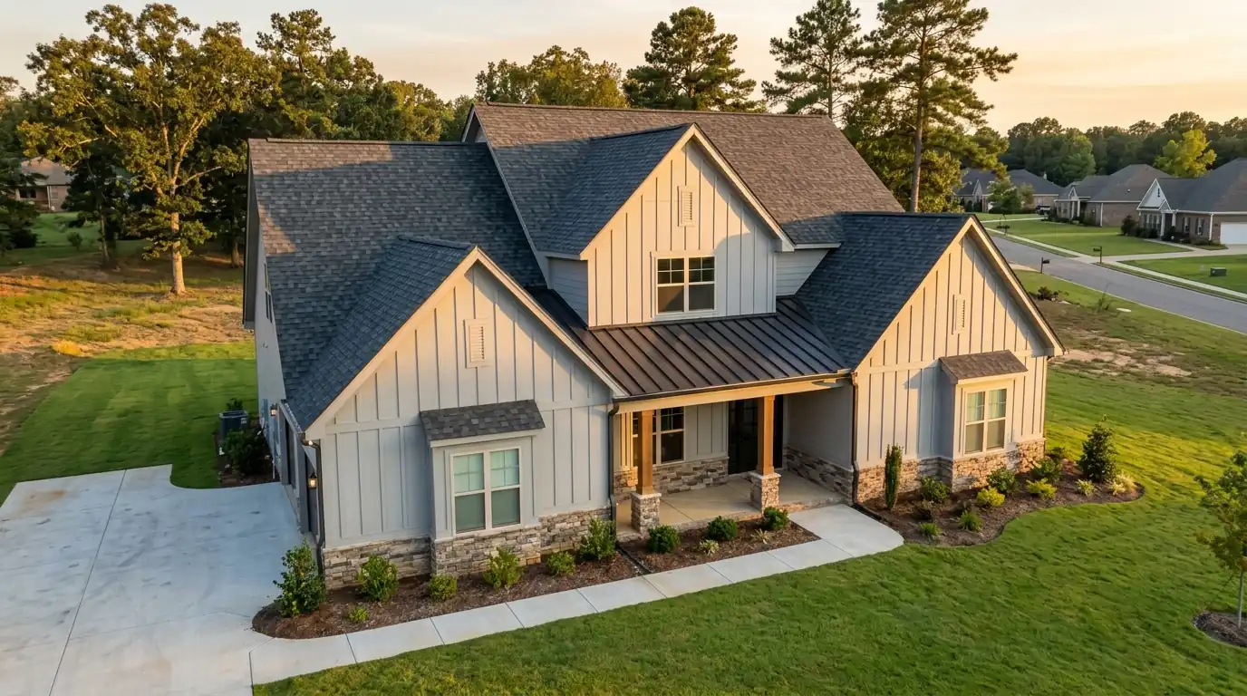 Newly finished charcoal architectural shingle roof with metal porch roof accent on a new suburban home in central Arkansas, late afternoon sun