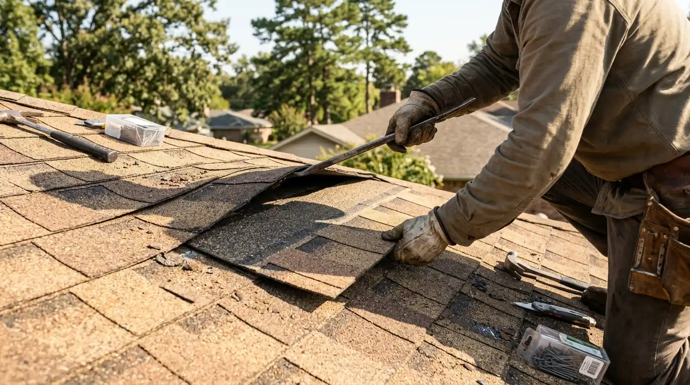 Roofer sliding a new architectural shingle under a lifted course with a flat bar on a sunlit Little Rock roof, tan and brown shingles