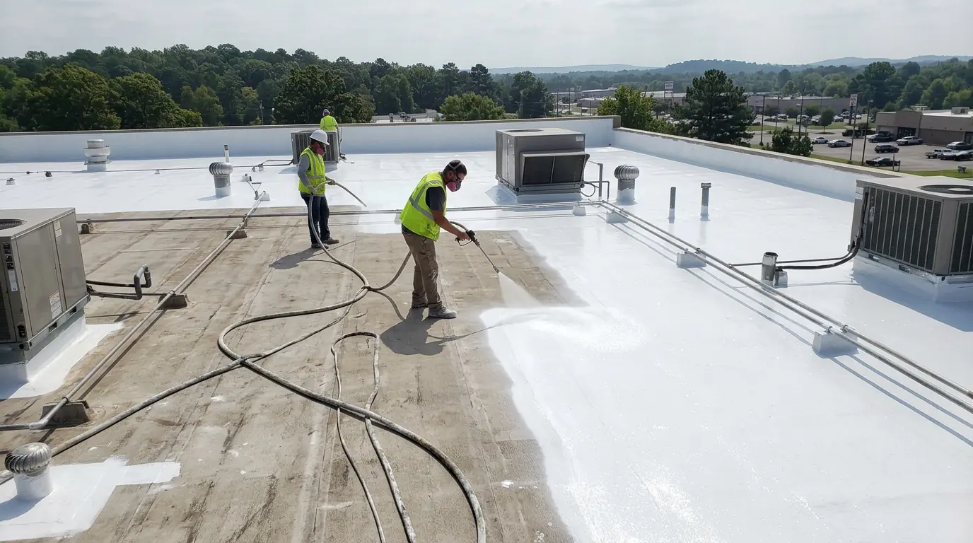 Crew spraying bright white silicone coating across a cleaned low-slope commercial roof in central Arkansas, hose lines and rooftop units visible