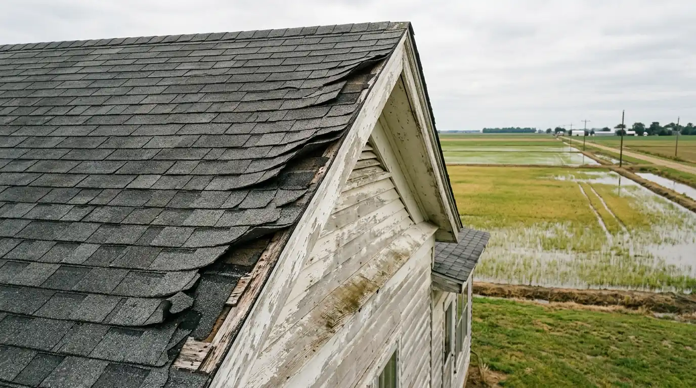 Wind-creased asphalt shingles along the rake edge of a farmhouse roof on the flat Lonoke County Arkansas prairie, rice fields beyond
