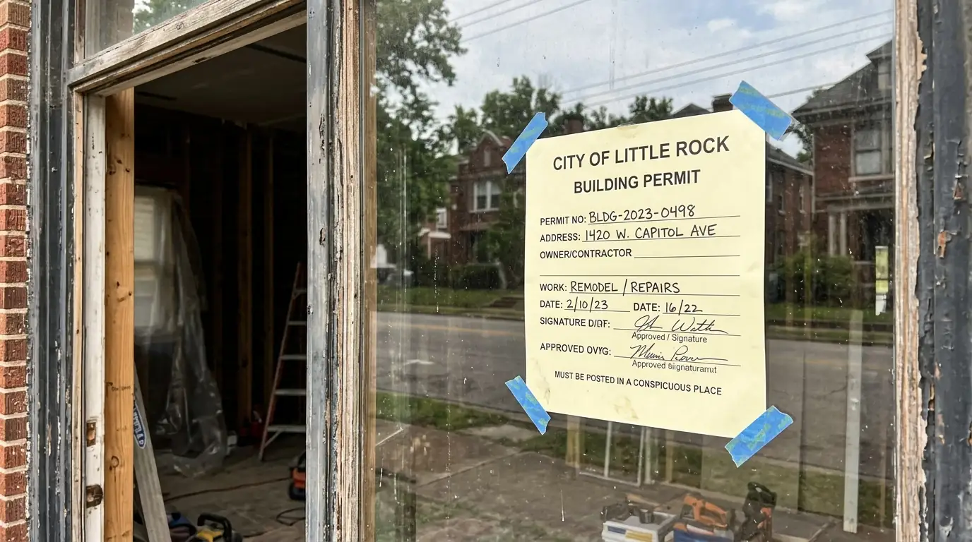 Building permit card taped inside the front window of a Little Rock brick bungalow during a reroof, ladder and shingle bundles beside the porch