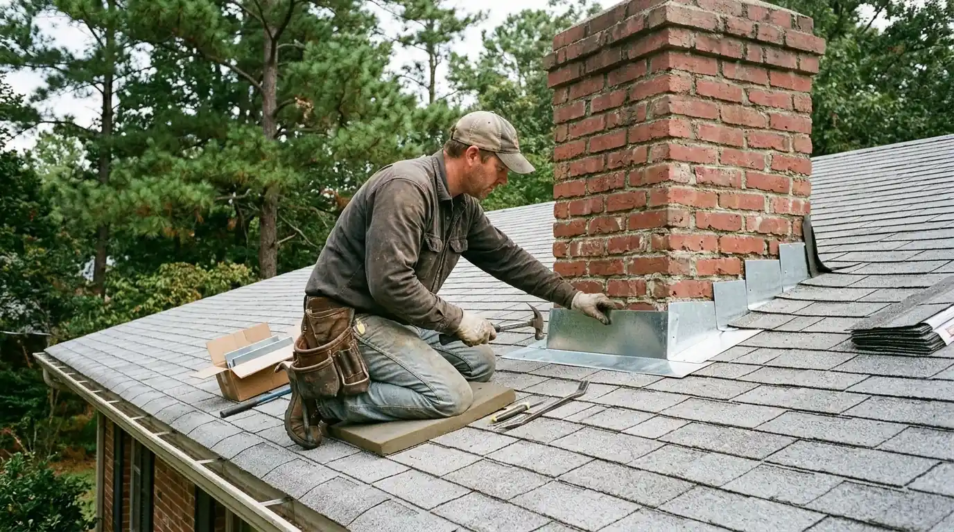 Roofer setting new step flashing where a gray shingle roof meets a red brick chimney on a Malvern Arkansas ranch house, pine trees behind