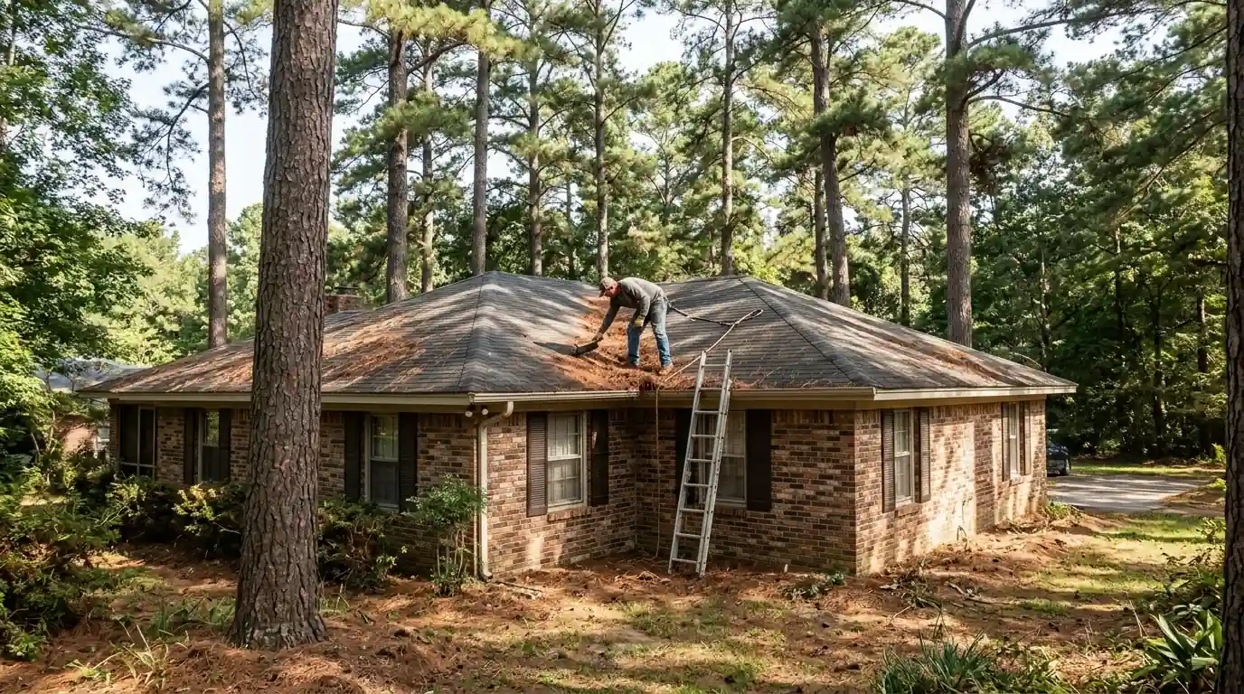 Brick ranch house in Sheridan Arkansas under tall pine trees, roofer clearing pine needles from a shingle valley, dappled afternoon light