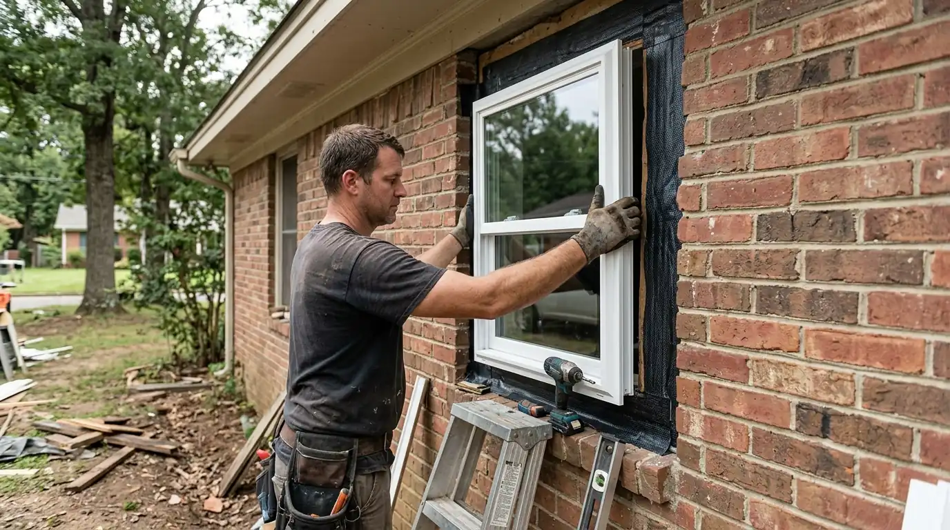 Installer setting a new white vinyl double-hung window into a brick wall opening on a ranch home in Little Rock, flashing tape visible