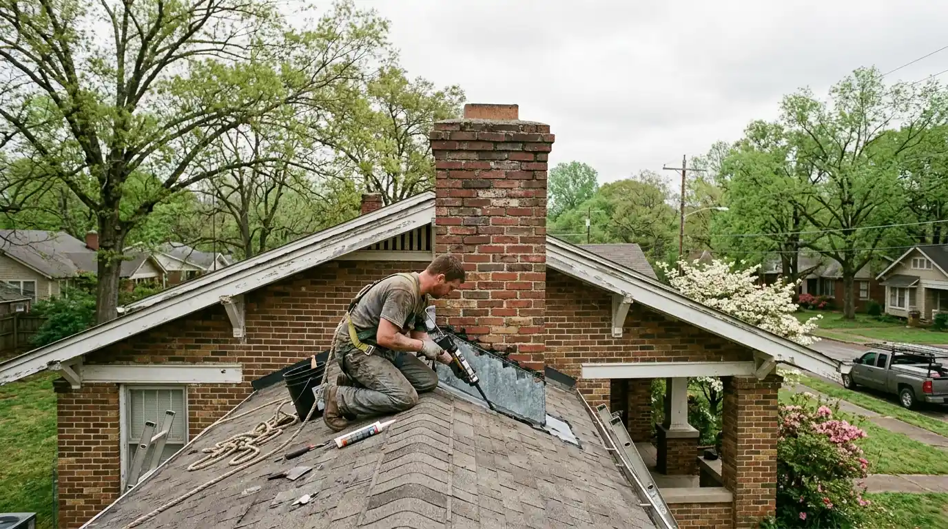 Roofer resealing chimney flashing on an older brick bungalow near downtown Benton Arkansas, Saline County, under an overcast spring sky