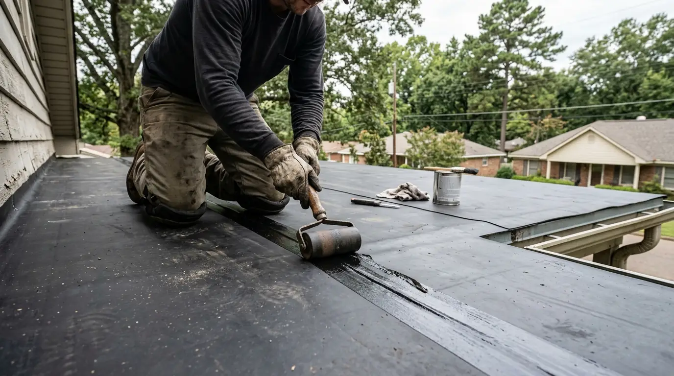 Roofer pressing primed seam tape with a hand roller on a new black EPDM rubber roof over a flat porch in Little Rock