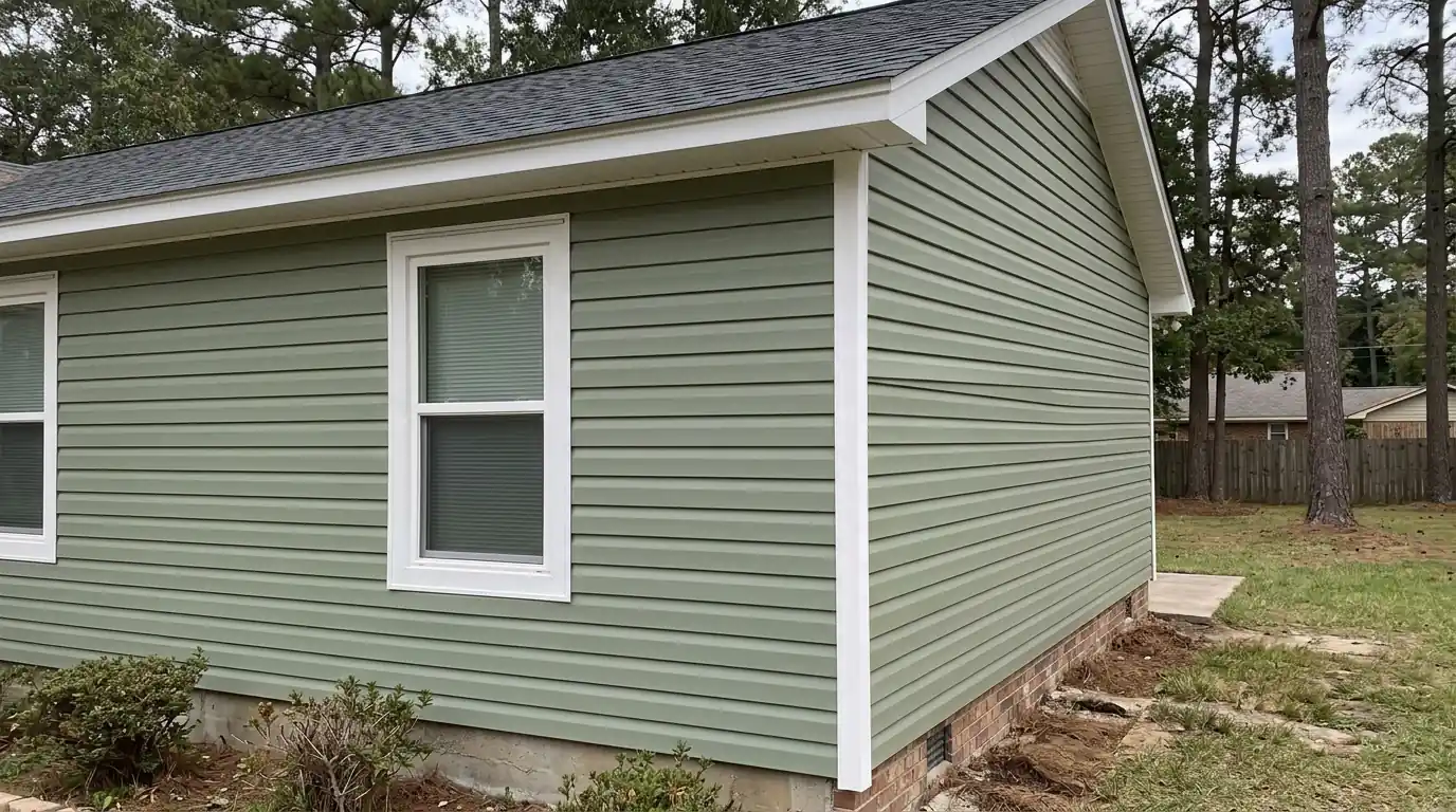 Freshly installed sage green vinyl siding with white corner trim and flashed window on a ranch house in central Arkansas