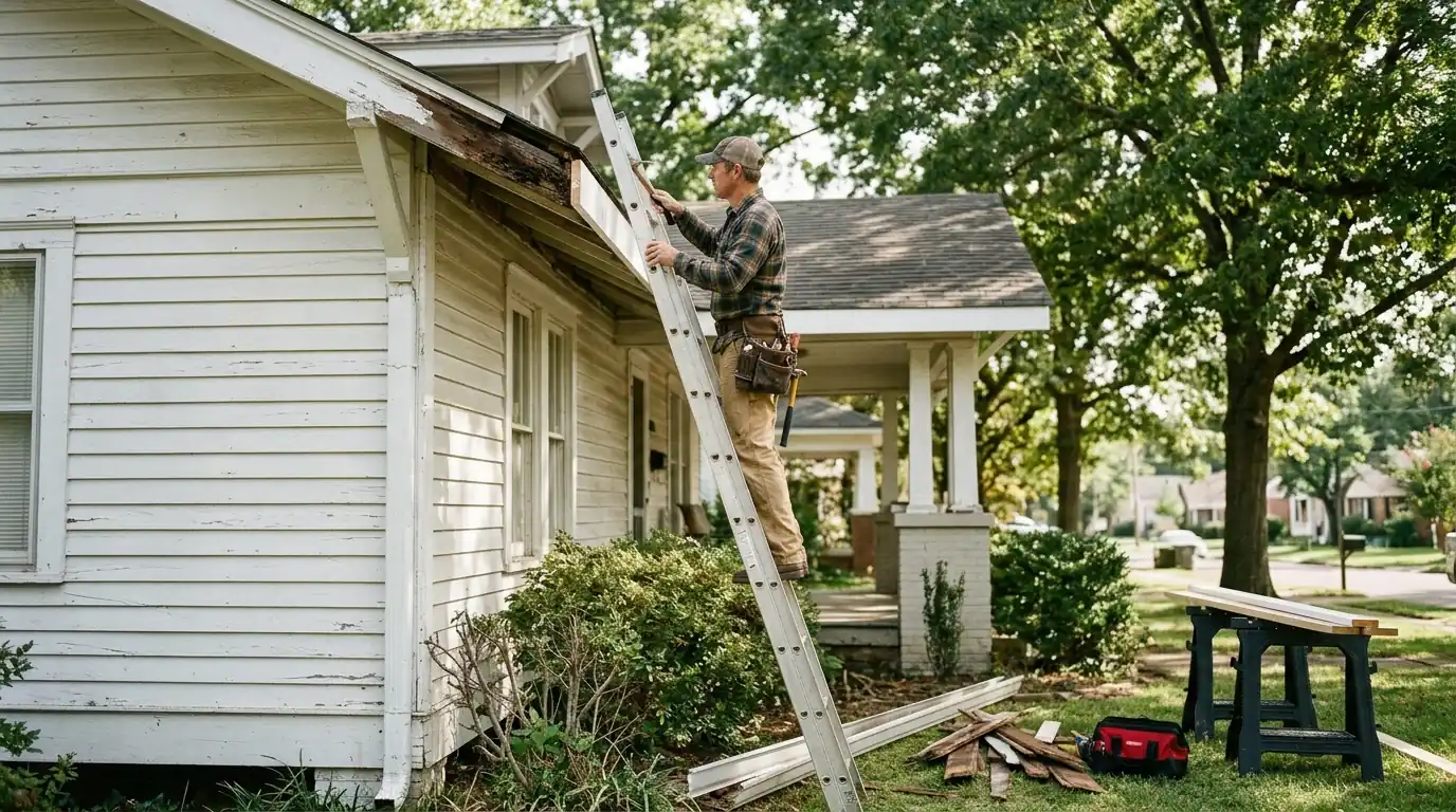 Carpenter replacing a rotted fascia board along the roof edge of a white wood-sided bungalow in Little Rock, gutter removed and resting below