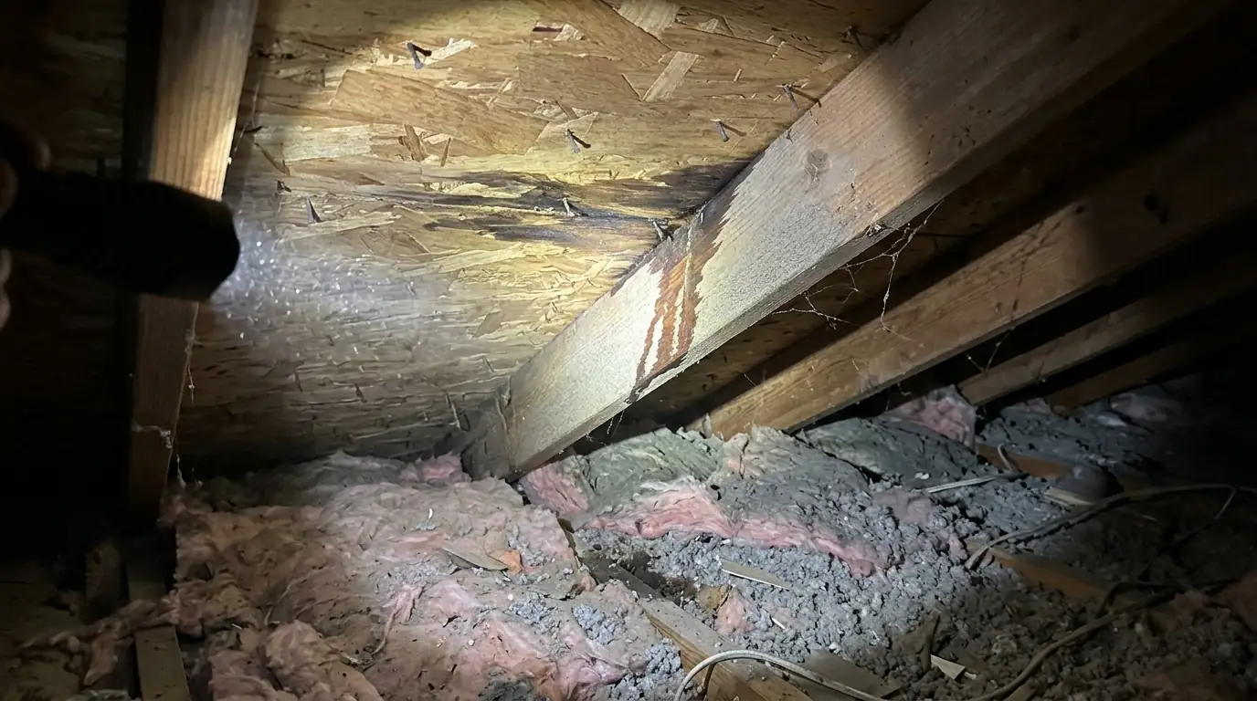 Flashlight beam on water-stained roof decking and a dark drip trail along a rafter inside a Little Rock attic, insulation below