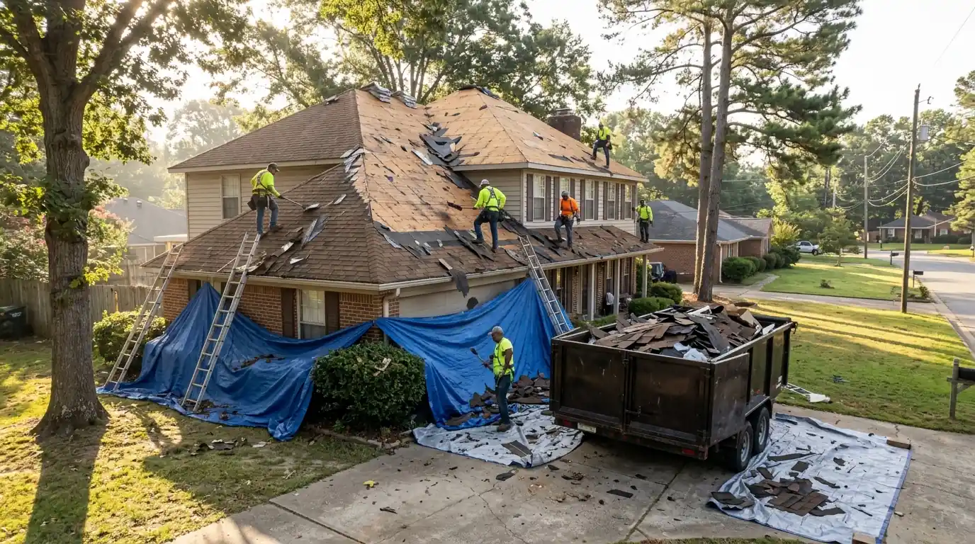 Crew tearing off old brown shingles down to plywood decking on a two-story Little Rock home, dumpster trailer in the driveway, morning sun