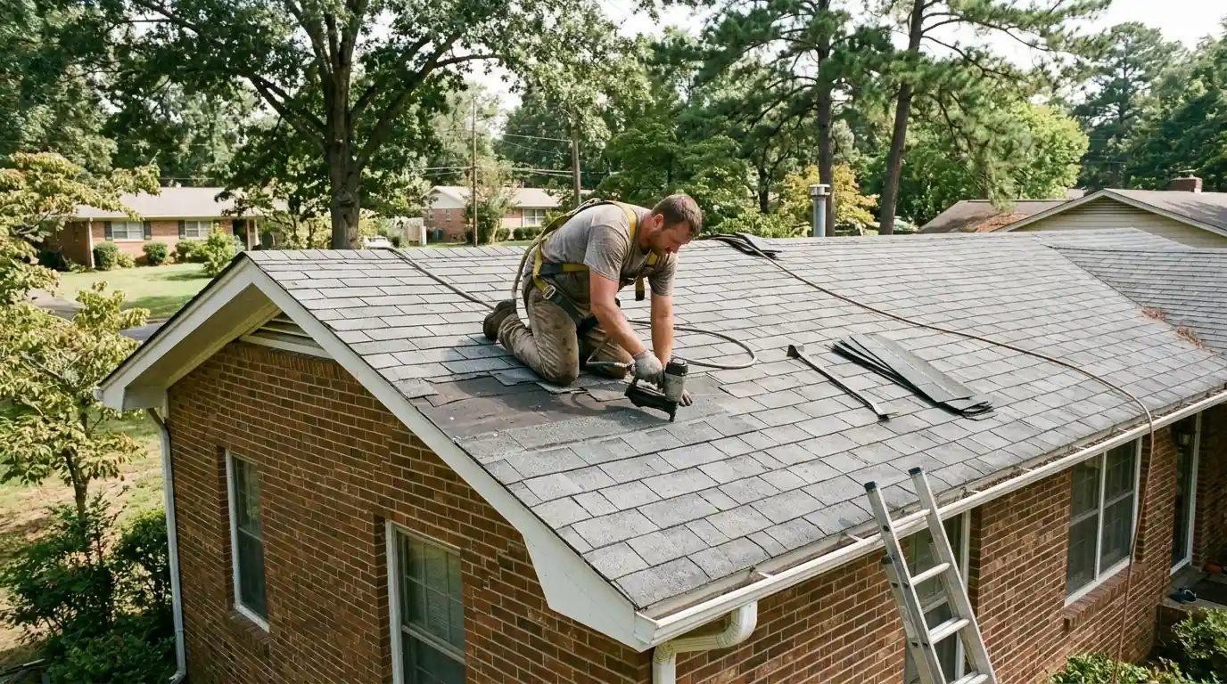 Roofer replacing a damaged section of gray architectural shingles on a brick ranch home in Little Rock, late morning light, nail gun and pry bar on the slope