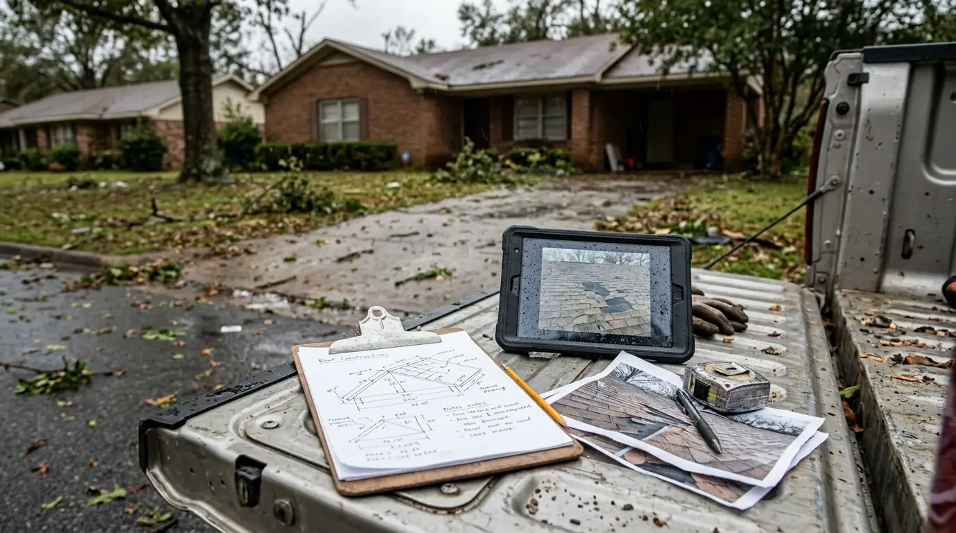Clipboard with a hand-drawn roof diagram and a tablet of damage photos resting on a truck tailgate before a central Arkansas brick home after a storm