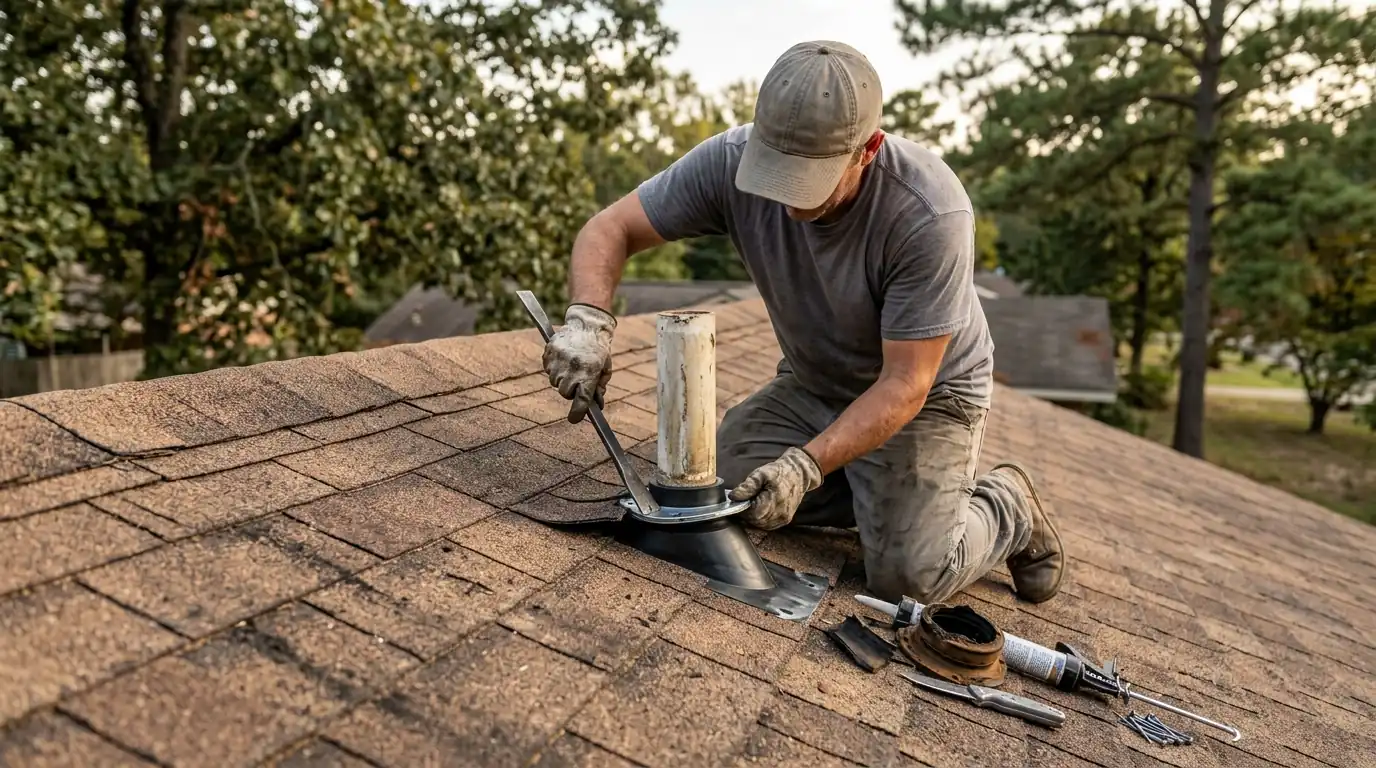 Roofer replacing a cracked rubber pipe boot on a plumbing vent among weathered brown asphalt shingles, central Arkansas afternoon