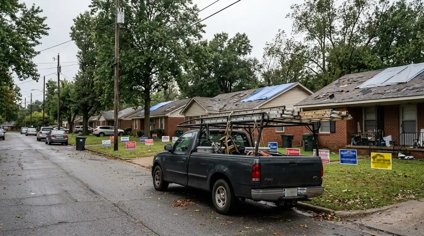 Pickup truck with ladder rack parked on a Little Rock street lined with hail damaged roofs, yard signs in lawns, overcast afternoon