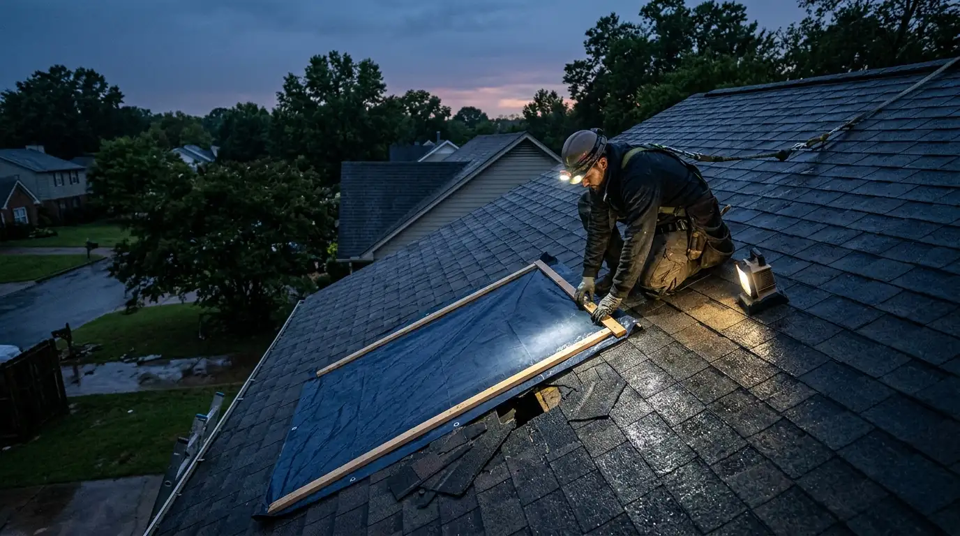 Roofer at dusk securing a temporary patch over a storm-punctured roof section on a two-story home in Little Rock, wet shingles and flashlight beam