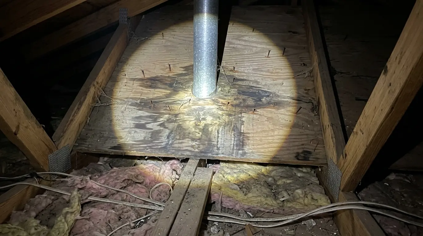 Attic interior of a central Arkansas home with a water-stained plywood roof deck near a vent pipe, flashlight beam on the stain