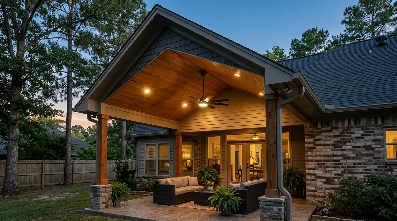 Finished covered patio with beadboard ceiling, ceiling fan and dark shingled roof tied into a central Arkansas home, evening light