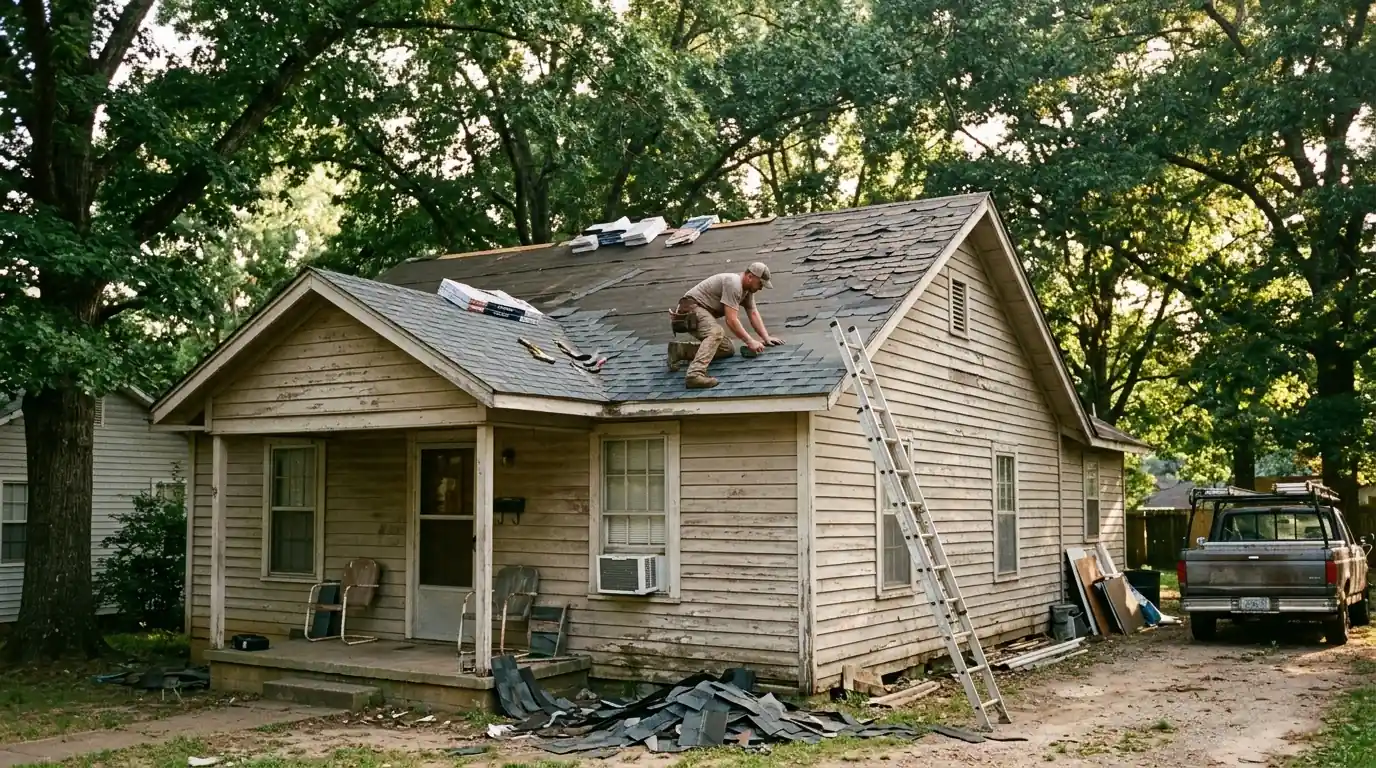 Roofer replacing worn shingles on a small frame rental house near a college campus in Arkadelphia Arkansas, oak shade, summer afternoon