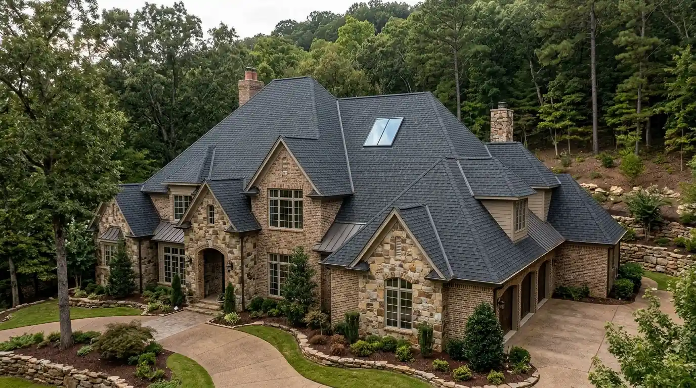 Steep architectural shingle roof with multiple valleys and a skylight on a large stone and brick home in Chenal Valley, Little Rock, wooded hillside behind