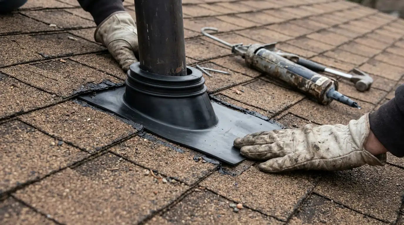 Close view of a new rubber pipe boot being fitted around a plumbing vent on weathered brown shingles, caulk gun resting nearby