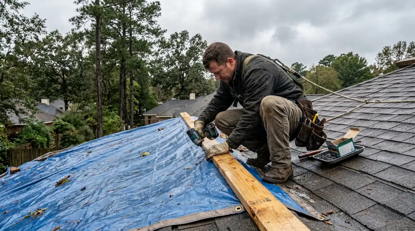 Roofer fastening a two-by-four batten along the edge of a reinforced tarp on a pitched central Arkansas roof after a storm