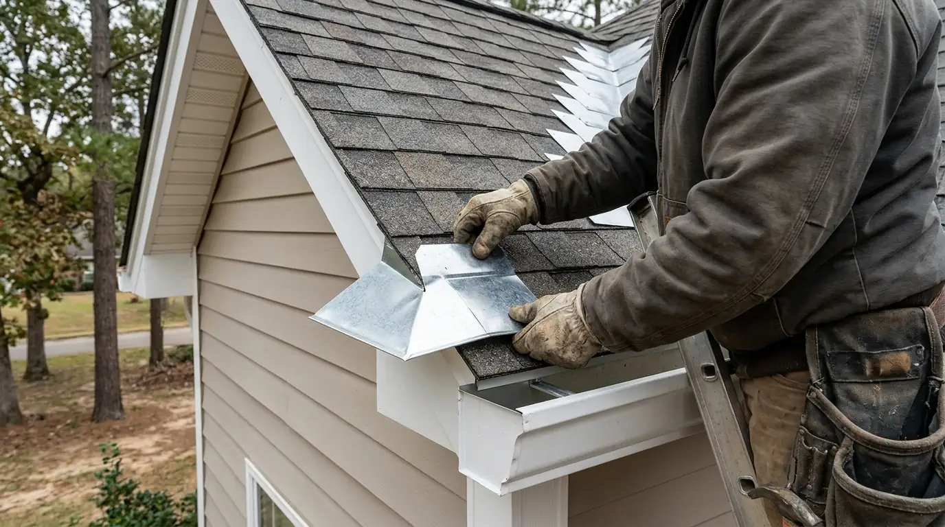 Kickout flashing being fitted at the base of a roof-to-wall joint above a gutter on a central Arkansas two-story house