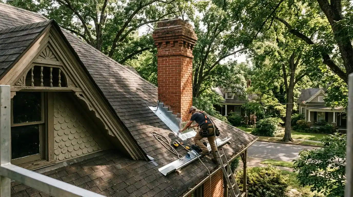 Steep Queen Anne roof with dormers and a brick chimney getting new flashing on a shaded older street in Conway Arkansas