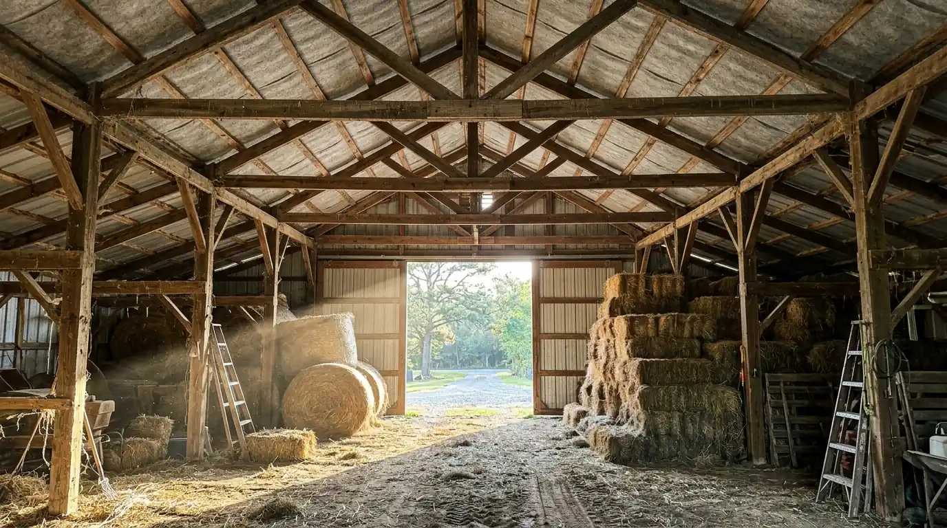 Interior of a central Arkansas hay barn showing drip-stop fabric backed metal roof panels over wood purlins and trusses, morning light through open doors