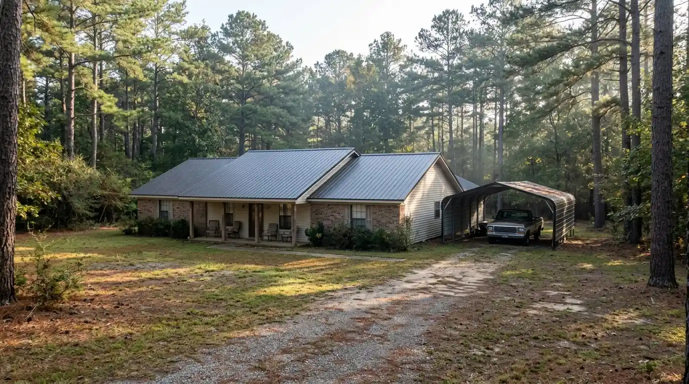 Dark gray exposed fastener metal roof on a rural ranch house in Hot Spring County Arkansas, pine woods and a metal carport beside it, morning light