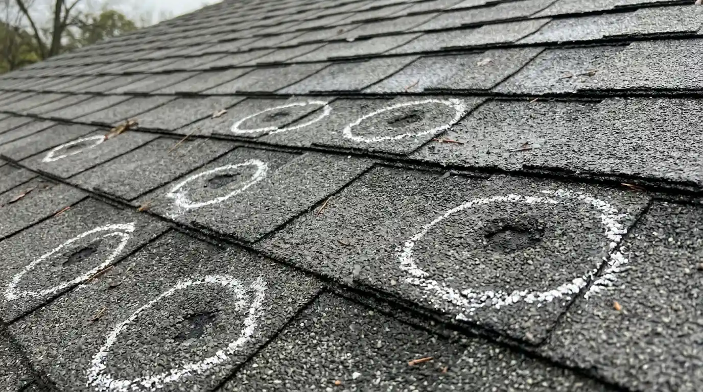 Close view of hail bruises circled in chalk on gray architectural shingles of a Little Rock home roof after a spring storm