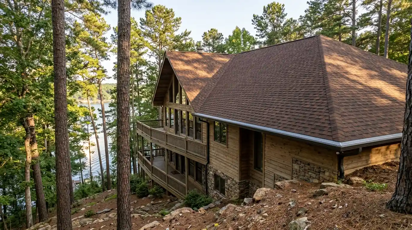Wooded hillside home in Hot Springs Village Arkansas with new brown architectural shingles and fine mesh gutter guards, tall pines, lake glimpse below