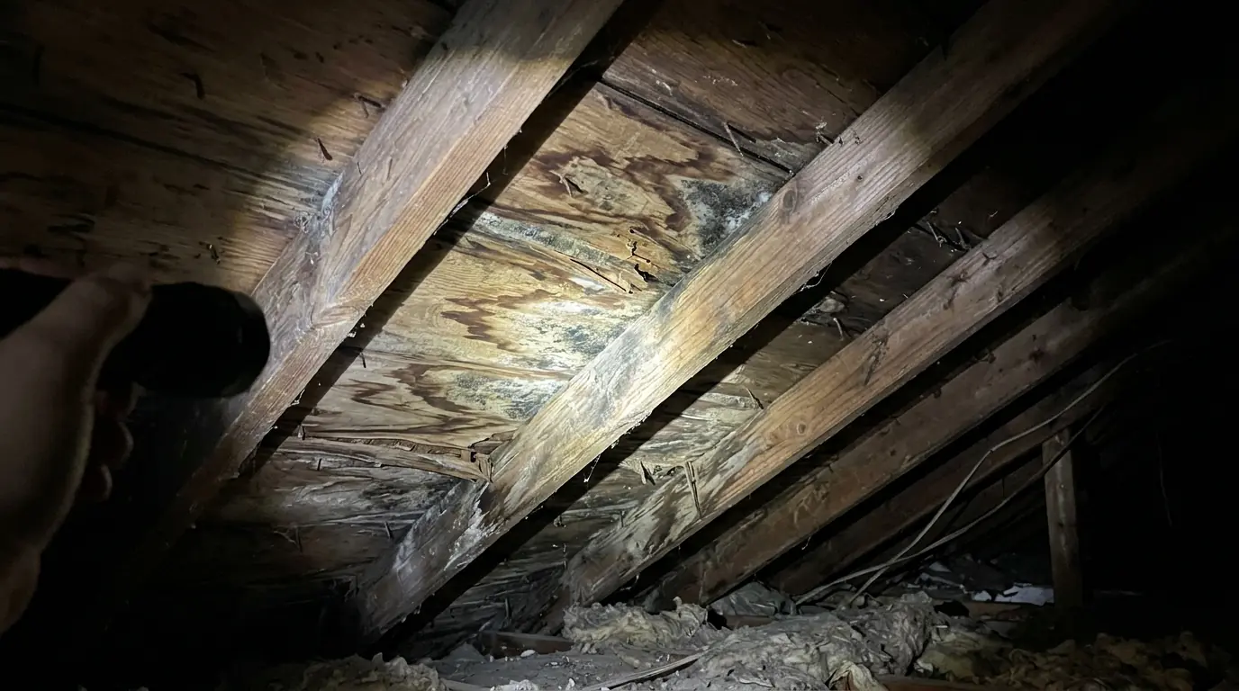 Attic view of water stained and delaminated roof sheathing between wooden rafters, flashlight beam showing mold spots, central Arkansas home