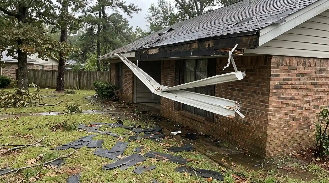 Bent aluminum gutter pulled away from the fascia beside storm-scattered shingle pieces on a central Arkansas lawn after a thunderstorm