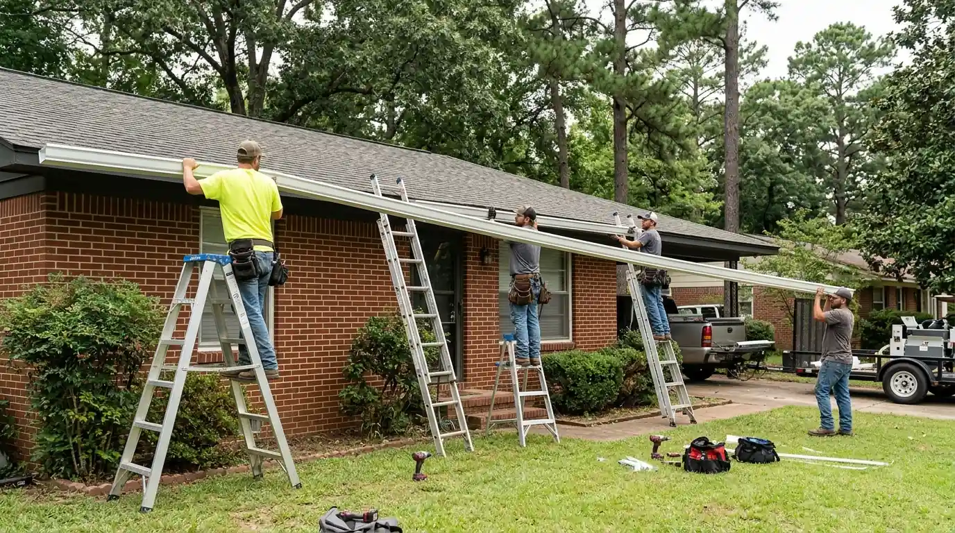 Crew lifting a long continuous white aluminum gutter run into place on the fascia of a single-story brick ranch home in Little Rock