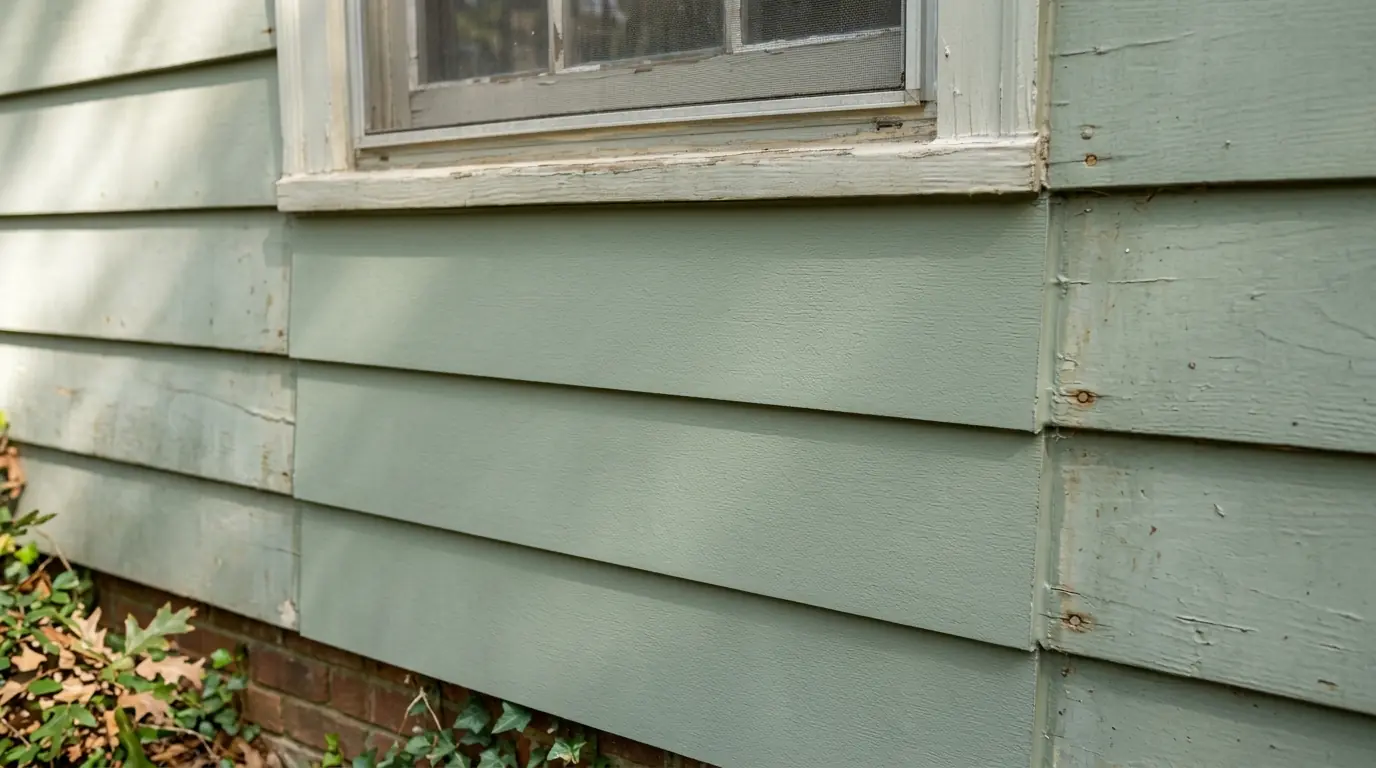 Close view of new painted fiber cement boards spliced into an older wall below a window on a central Arkansas house