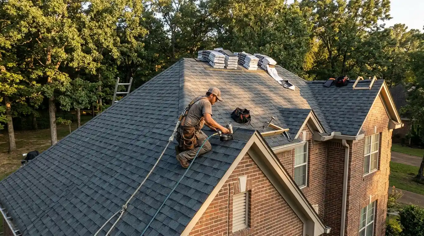 Roofer setting architectural shingles on a two story brick home in Little Rock, Arkansas, tall oaks behind, late afternoon sun, nail gun and shingle bundles on the ridge