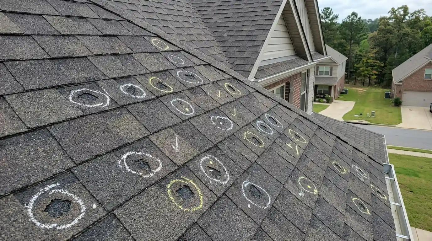Close view of hail bruised architectural shingles on a newer two-story home in a Saline County Arkansas subdivision, chalk circles marking each strike