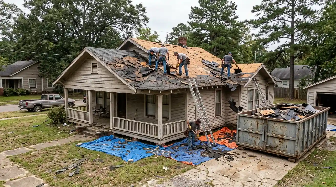 Crew tearing off layered old shingles from a wood frame bungalow roof in Pine Bluff Arkansas, Jefferson County, dumpster in the driveway