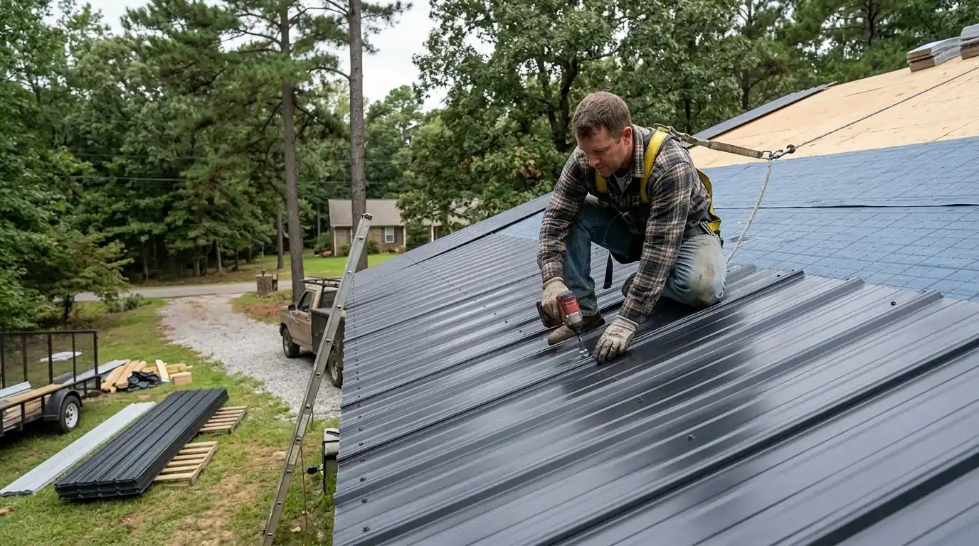 Roofer fastening an exposed fastener metal panel over synthetic underlayment on a home outside Little Rock, stacked panels nearby