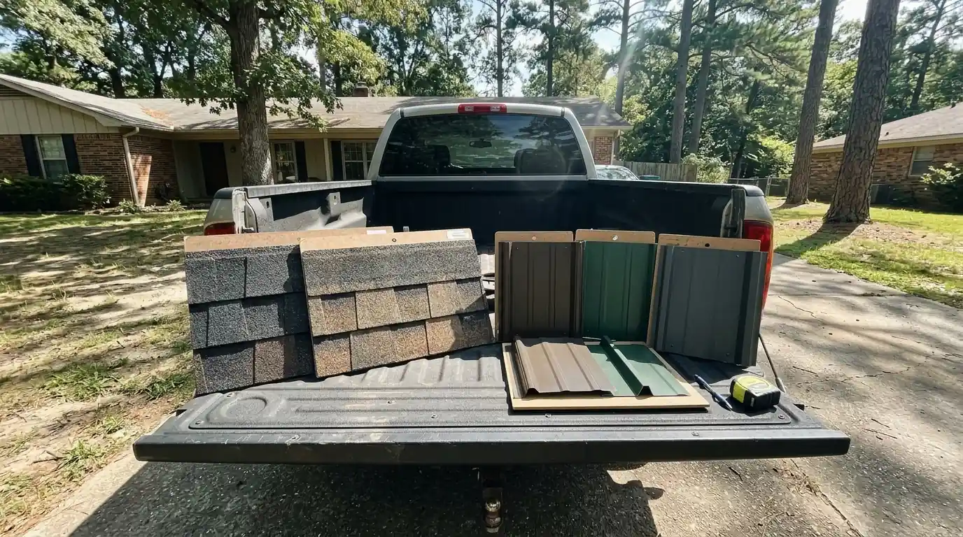 Sample boards of impact-resistant shingles and painted metal panels laid on a tailgate outside a central Arkansas home, bright sunlight