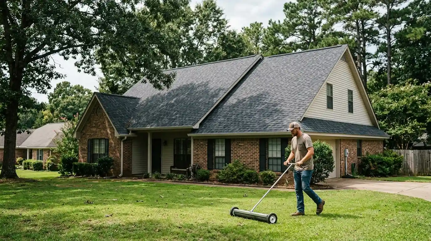 Freshly installed charcoal architectural shingle roof with new ridge vent on a suburban central Arkansas home, magnet sweeper rolling across the lawn