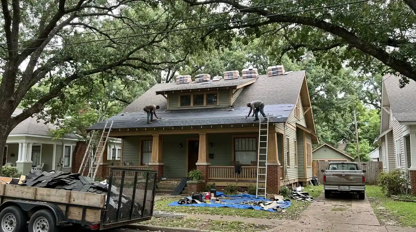 Craftsman bungalow in Hillcrest, Little Rock with a low slope porch roof being re-covered, tall oak branches overhead, shingles stacked on the main roof
