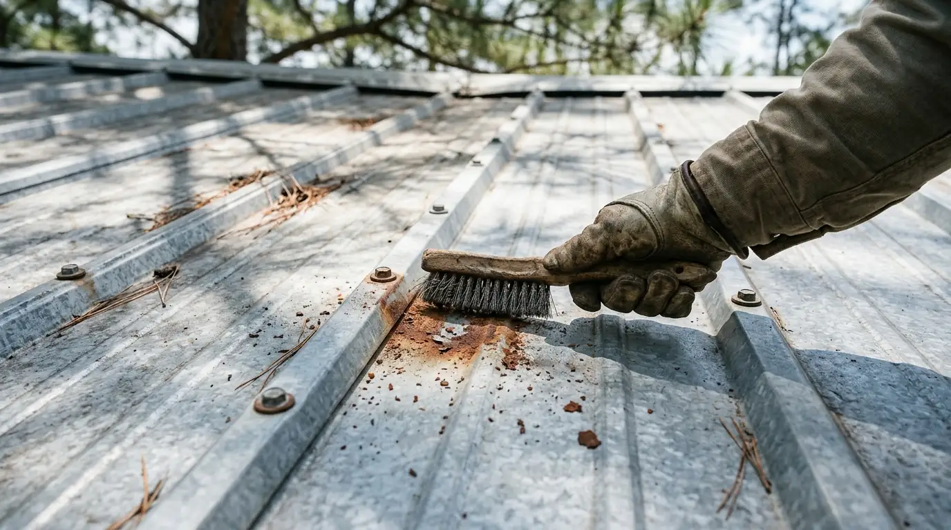 Close view of a rust spot being wire brushed on a galvalume metal roof panel near a lap seam, central Arkansas pine branches overhead