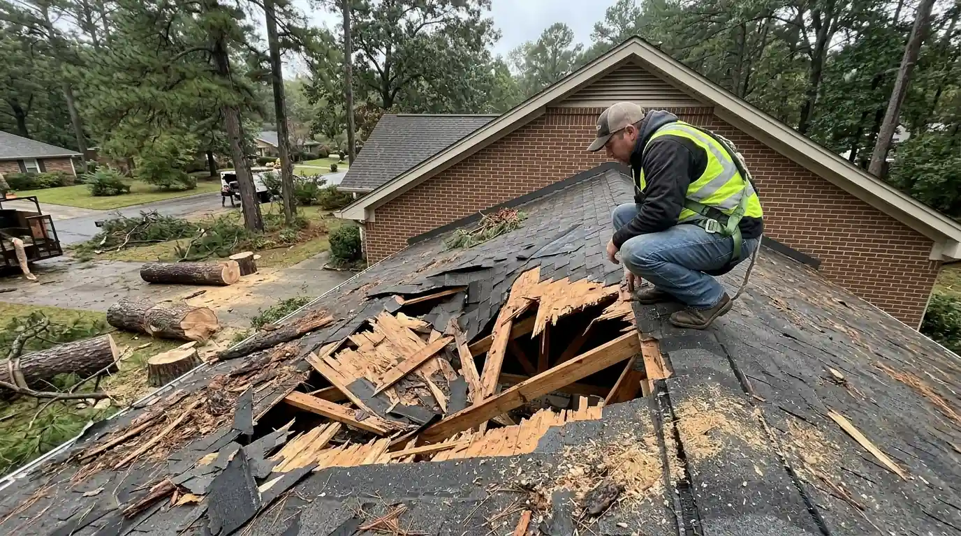 Roofer inspecting a crushed roof section and split decking after a large pine trunk was lifted off a brick Little Rock home, overcast morning