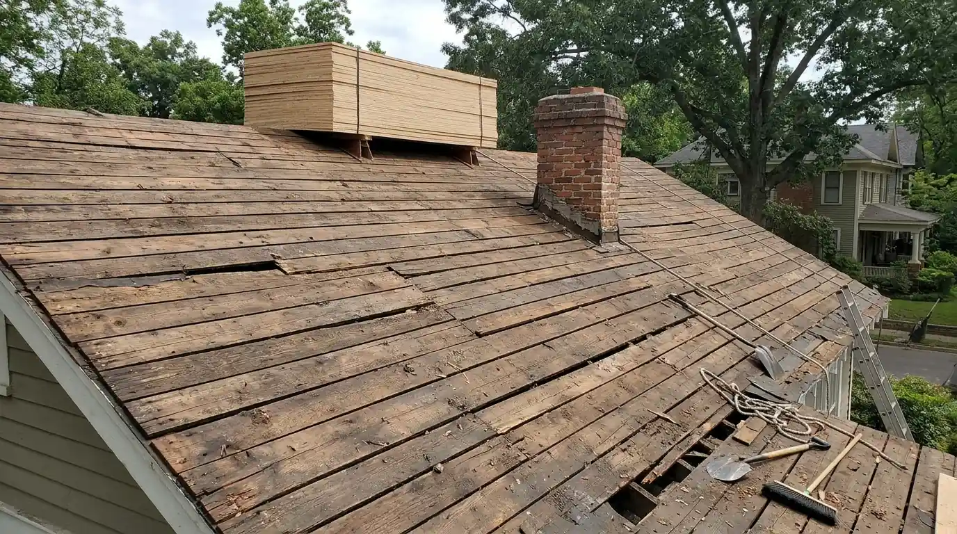 Old plank roof decking exposed during tear off on a Hillcrest bungalow in Little Rock, new plywood sheets stacked on the ridge