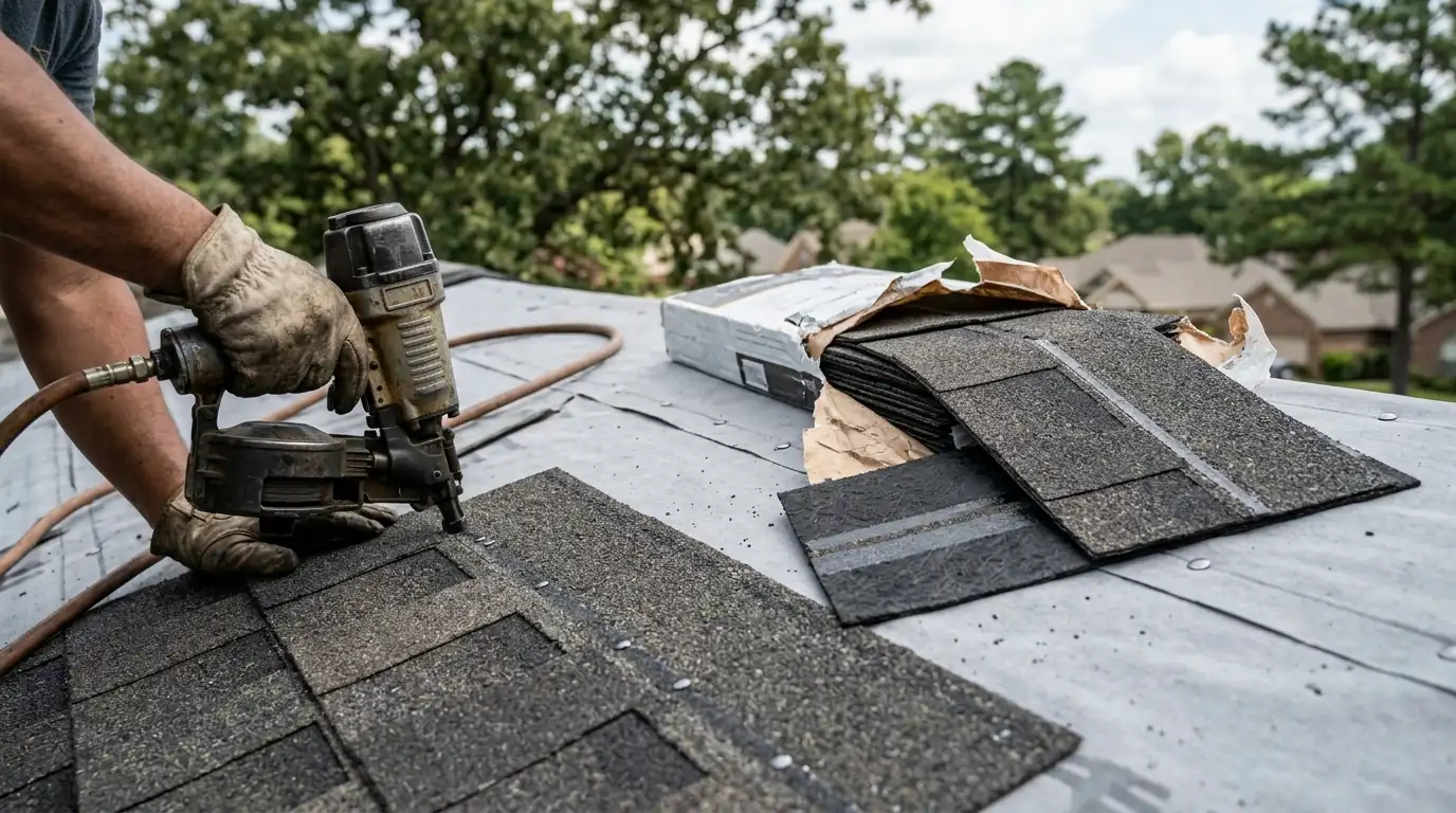 Close view of new Class 4 impact-resistant architectural shingles being nailed on a central Arkansas roof, rubberized backing visible on an open bundle
